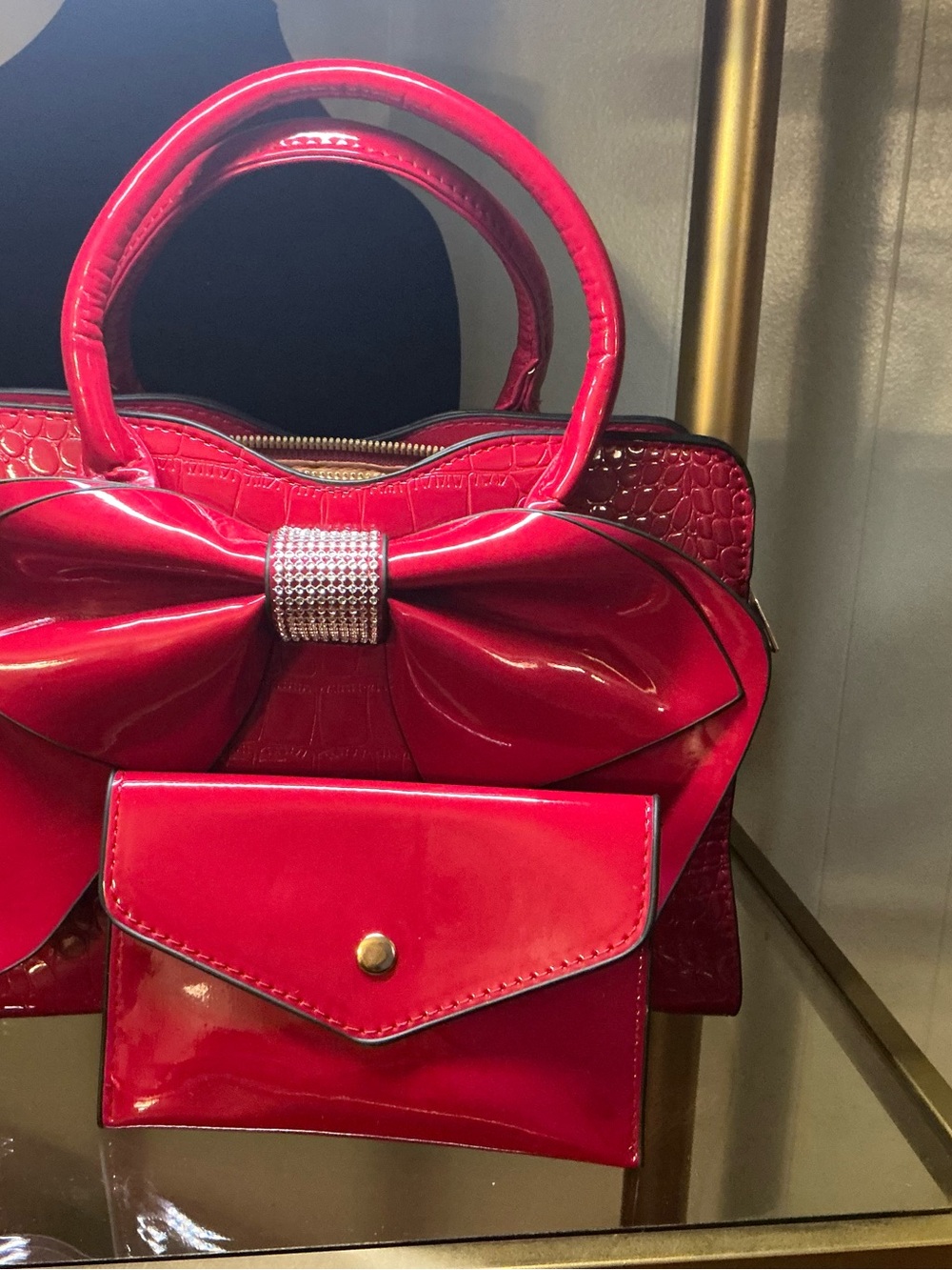 Red Patent Bow-Accent Women's Handbag with Wallet